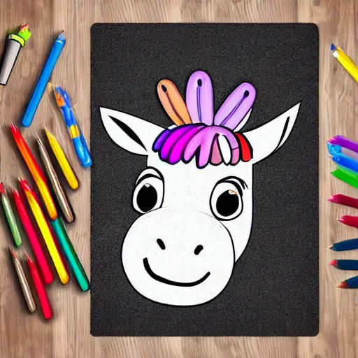 Prompt: cute cheerful a donkey walking, colouring - in sheet, concept design, character art, sharp focus, highly detailed