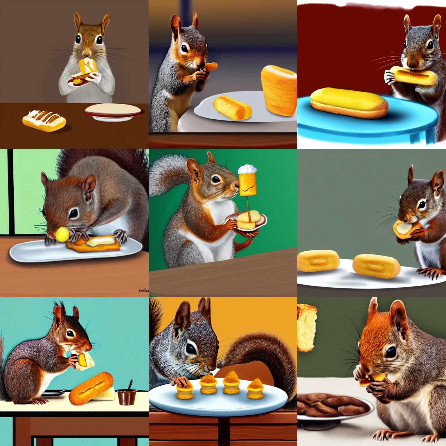 Prompt: a realistic digital drawing of a squirrel eating a twinkie at a table inside a restaurant