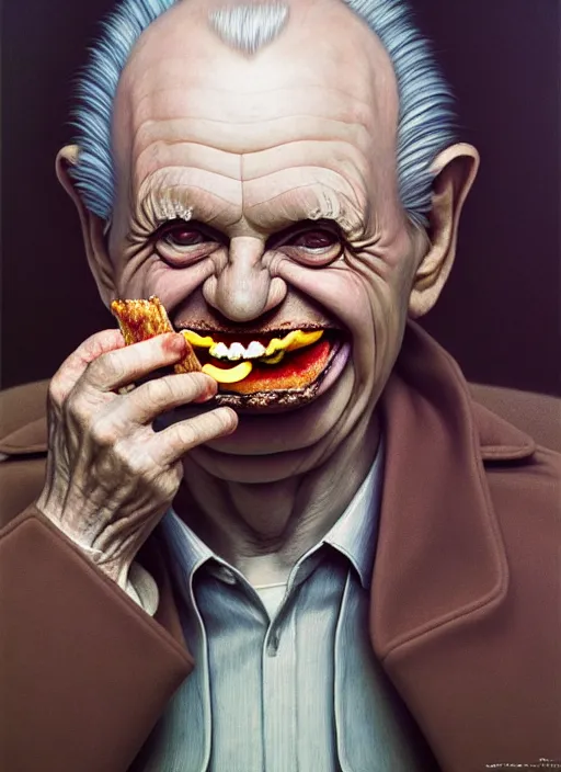 Image similar to hyper detailed 3d render like an Oil painting - Portrait of Palpatine eating a hamburger by Jacek Yerka, Mariusz Lewandowski, Houdini algorithmic generative render, Abstract brush strokes, Masterpiece, Edward Hopper and James Gilleard, Zdzislaw Beksinski, Mark Ryden, Wolfgang Lettl, hints of Yayoi Kasuma, octane render, 8k