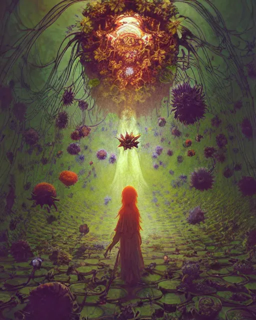 Image similar to the platonic ideal of flowers, rotting, insects and praying of cletus kasady carnage davinci dementor chtulu mandelbulb mandala ponyo the last of us dinotopia the witcher, fantasy, ego death, decay, dmt, psilocybin, concept art by greg rutkowski and simon stalenhag and alphonse mucha