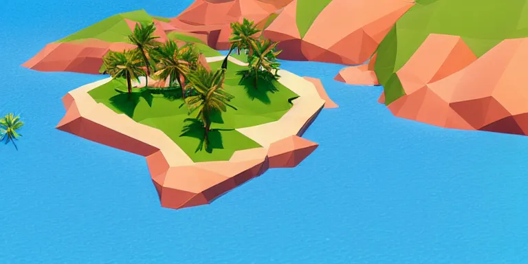 Prompt: A desert island paradise in 3D low poly graphic, crystal clear sea, screenshot