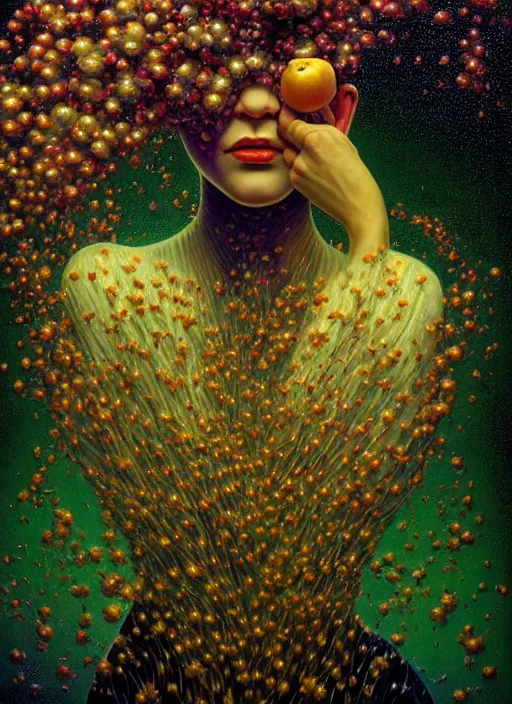 Image similar to hyper detailed 3d render like a Oil painting - Aurora (Singer) Eats of the Strangling Fruit and Her delicate Hands hold of gossamer polyp celium blossoms bring iridescent fungal flowers whose spores black the foolish stars by Jacek Yerka, Mariusz Lewandowski, Houdini algorithmic generative render, Abstract brush strokes, Masterpiece, Edward Hopper and James Gilleard, Zdzislaw Beksinski, Mark Ryden, Wolfgang Lettl, hints of Yayoi Kasuma, octane render, unreal engine 5 render, 8k