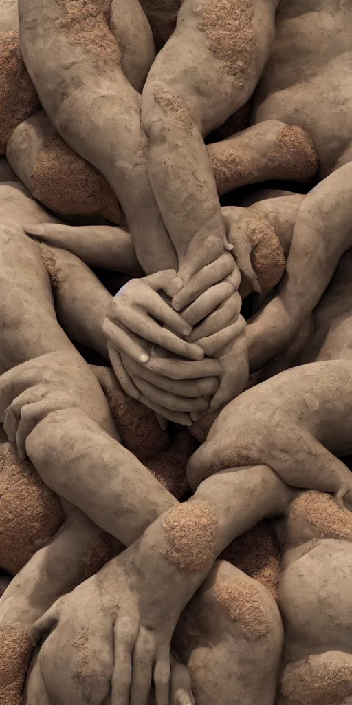 Prompt: closeup photograph of a surrealist sculpture human bodies intertwined, a lovely cornucopia of flowers and human body parts, body parts, made of stone, earth tone colors, muted color palette, skin tones, highly detailed, octane render, cinematic