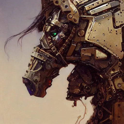 Prompt: portrait girl face metal cyborg armor and metal horse by gaston bussiere, anna nikonova aka newmilky, greg rutkowski, yoji shinkawa, yoshitaka amano, tsutomu nihei, donato giancola, geoffroy thoorens, gustav klimt, trending on artstation, featured on pixiv