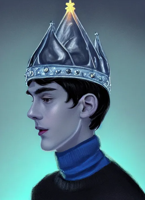 Image similar to portrait of teenage jughead jones wearing a light grey crown, crown, blue turtleneck, 1 9 5 0 s, closed eyes, photorealistic, black hair, glowing lighting, intricate, elegant, glowing lights, highly detailed, digital painting, artstation, concept art, smooth, sharp focus, illustration, art by wlop, mars ravelo and greg rutkowski