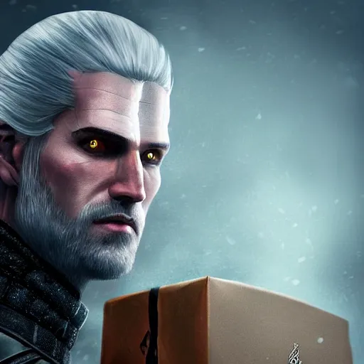 Prompt: a digital painting of the witcher holding a gift box, hyper realistic, very detailed, trending in artstation, epic scene, dramatic lighting, matte paint,