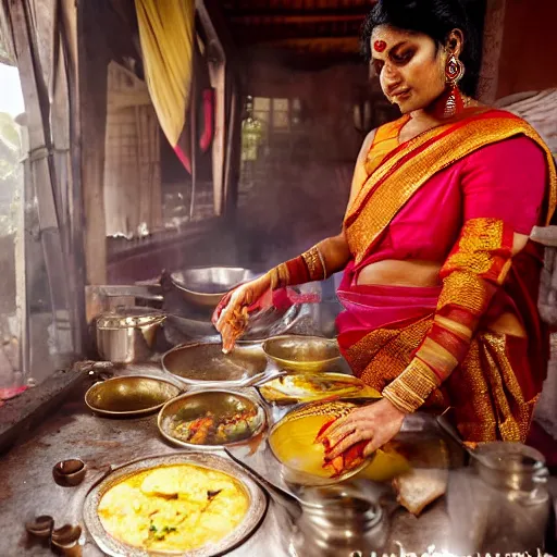 Prompt: A beautiful Bengali woman in a royal red and gold saree cooking at the stove while several Bengali dishes are served on the table beside her. The picture must be warm and rustic and nostalgic.