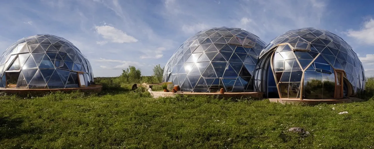 Image similar to spectacular dome house by kristoffer tejlgaard, earthship, optimus sun orientation, north hemisphere, spain, geodesic architecture, biodome homes, fuller