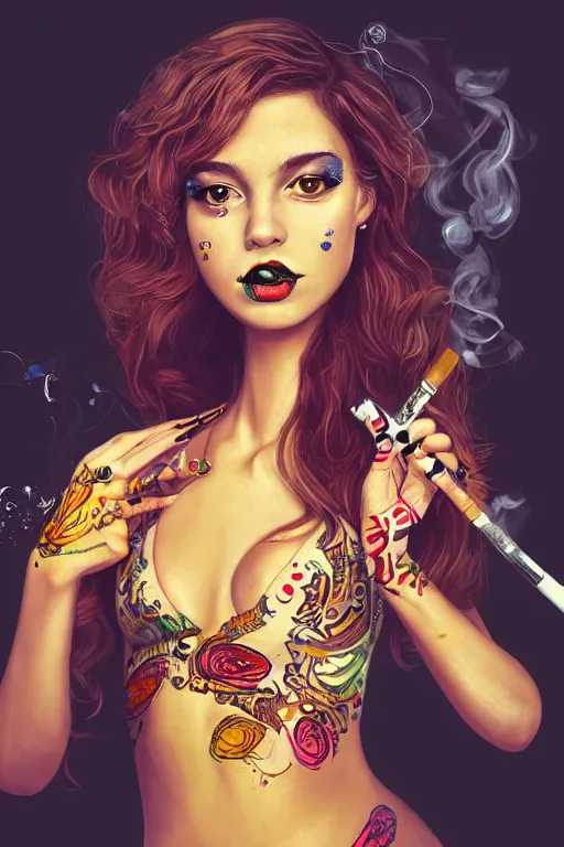 Image similar to full body painting of a girl smoking a cigarette and holding a pistol, cute face, intricate, highly detailed, digital painting, official media, concept art, rich vivid colors, ambient lighting, sharp focus, illustration