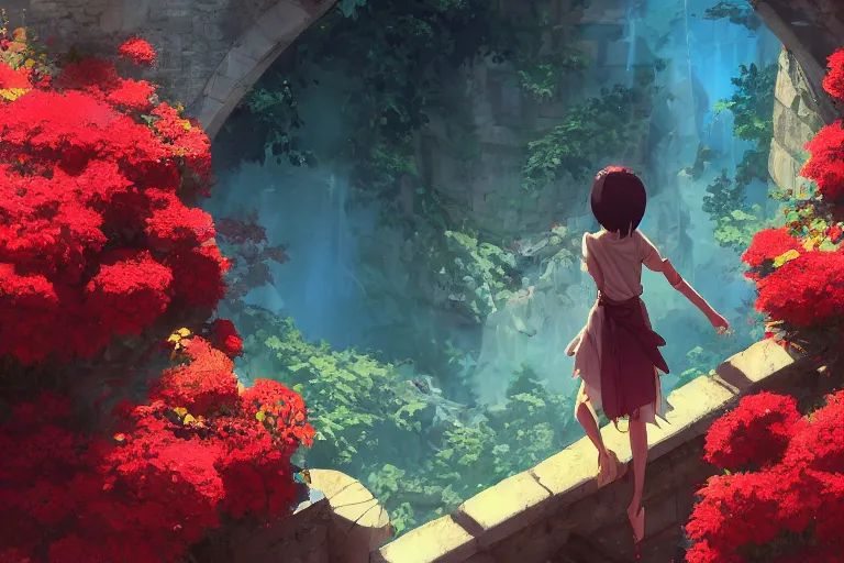 Prompt: broken arches leading to the pillars of eternity draped with red flowers and vines, blue sky, lens flare, a sense of mystery, rich vivid colors, ambient lighting, dynamic lighting, 4k, HQ, official media, anime key visual, makoto shinkai, ilya kuvshinov, lois van baarle, ross tran, detailed, trending on artstation