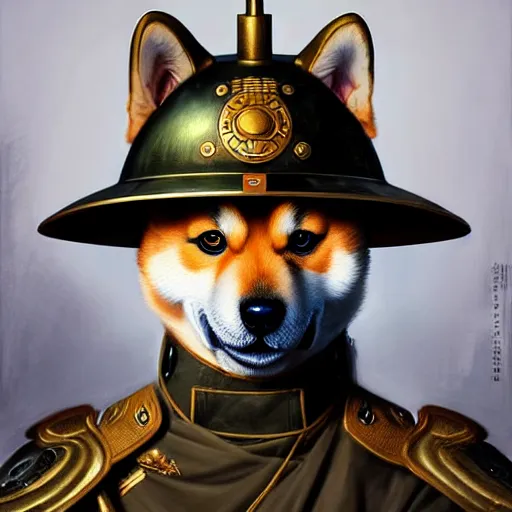 Image similar to portrait painting of a cute shiba inu soldier with military helmet, ultra realistic, concept art, intricate details, eerie, highly detailed, photorealistic, octane render, 8 k, unreal engine. art by artgerm and greg rutkowski and charlie bowater and magali villeneuve and alphonse mucha