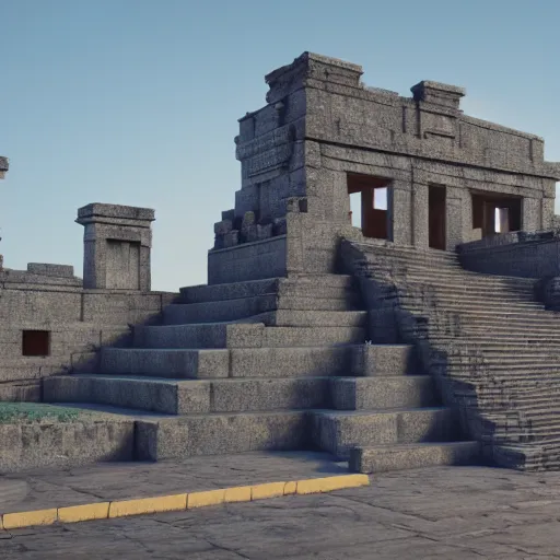 Image similar to an archviz render of a Aztec Temple, torches lit, unreal engine, vray, volumetric lighting, ray tracing, real time ray tracing