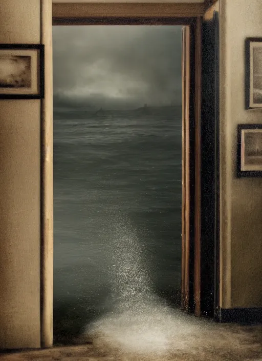 Prompt: seawater spilling out through an open door, in the style of the Dutch masters and Gregory Crewdson, dark and moody