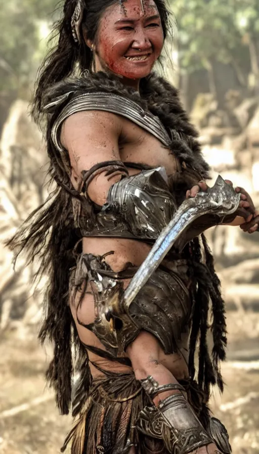 Image similar to sweated smiling ancient princess tribewoman in berserk, partially destroyed armor inspired monster hunter, low shot camera, muscular, symmetrical face, clean face, subtle make up, debris and arrows flies around her, frozen time effect,dramatic lighting, cinematic, establishing shot, extremely high detail, photorealistic, 300 the movie,monster hunter the movie, dune the movie, cinematic lighting, artstation, octane render, western,old photo, vintage