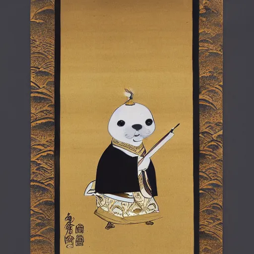 Image similar to an anthropomorphic baby harp seal deity, radiating golden light, wearing royal kimono, Japanese ink drawing from 1850