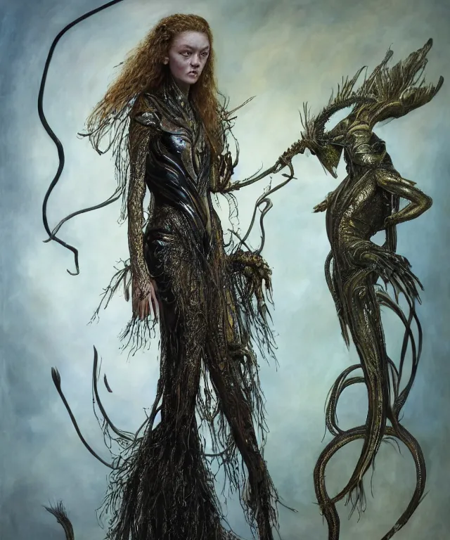 Prompt: a portrait photograph of a fierce sadie sink as a strong alien harpy queen with amphibian skin. she trying on a glowing and black lace shiny metal slimy organic membrane vest and transforming into an evil insectoid snake bird. by donato giancola, walton ford, ernst haeckel, peter mohrbacher, hr giger. 8 k, cgsociety