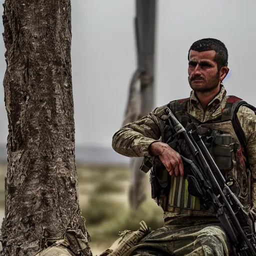 Image similar to kurdish ypg sniper in a movie directed by christopher nolan, movie still frame, promotional image, imax 7 0 mm footage, 8 k uhd