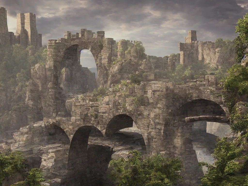 Prompt: Stone arch as bridge connecting two sides over the canyon, in the distance big ancient castle with destroyed tower on the right, highly detailed, matte painting, wide lens, overcast sky, ultra realistic, 4k, 8k resolution, trending on artstation, octane render, unreal engine, cinematic