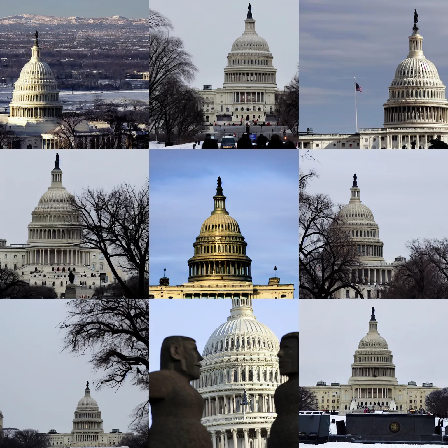 Prompt: Photo of the United States Capitol on January 6 under siege by moai, reuters