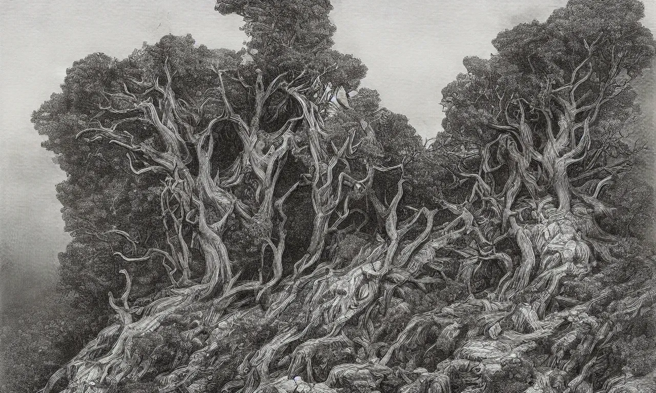 Prompt: an engraving of a lone gnarled tree clinging to a scree slope by gustave dore, highly detailed, storybook illustration, lithograph engraving