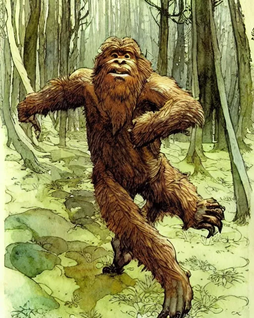 Prompt: a realistic and atmospheric watercolour fantasy character concept art portrait of a chibi bigfoot running through the forest. by rebecca guay, michael kaluta, charles vess and jean moebius giraud