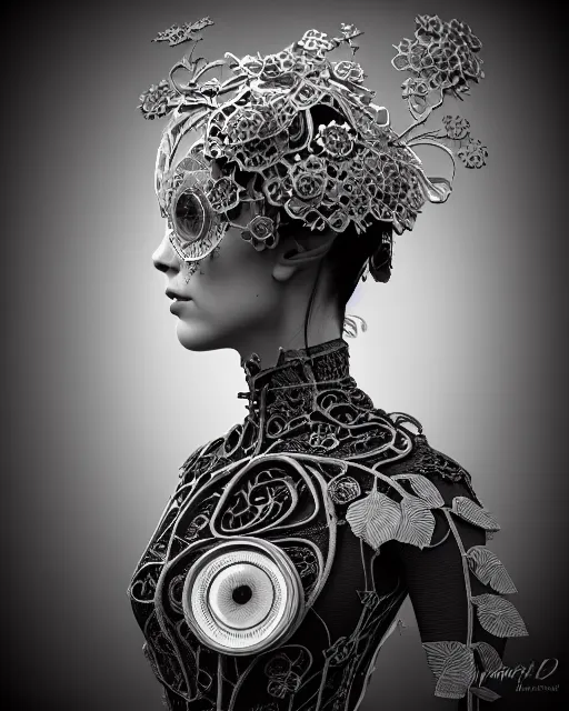 Image similar to monochrome 3 d model, profile portrait 1 8 9 0 picture, silver lace floral steampunk biomechanical beautiful young female cyborg with techno eye, volumetric light, leaves foliage and stems, hibiscus flowers, sinuous fine roots, fine foliage lace, alexander mcqueen, rim light, big gothic fashion pearl embroidered collar, octane render, dutch masters, 8 k