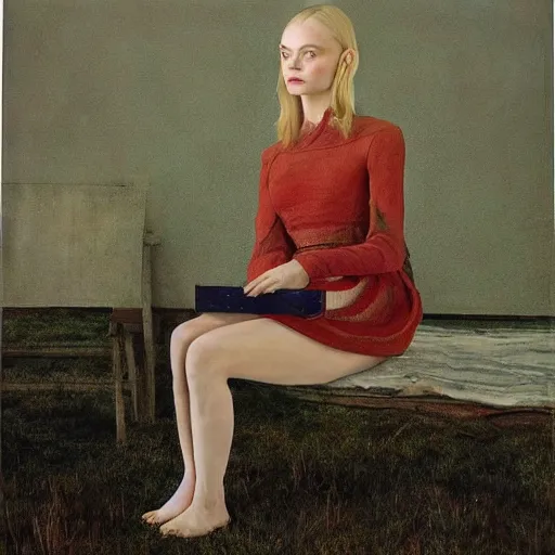 Prompt: a striking hyper real oil painting of Elle Fanning with cybernetics by Andrew Wyeth