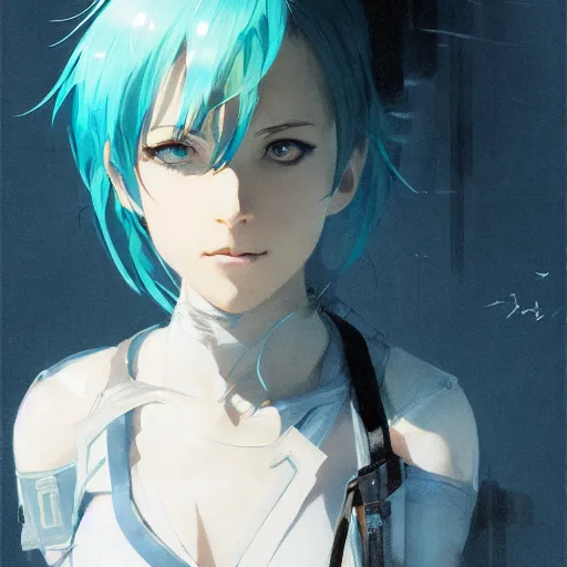 Image similar to realistic portrait of Sinon from sword art online, short blue hair, dramatic lighting, illustration by Greg rutkowski, yoji shinkawa, 4k, digital art, concept art, trending on artstation