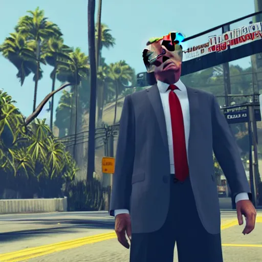 Image similar to Donald Trump as a gangster in GTA 5 4k ultra high quality