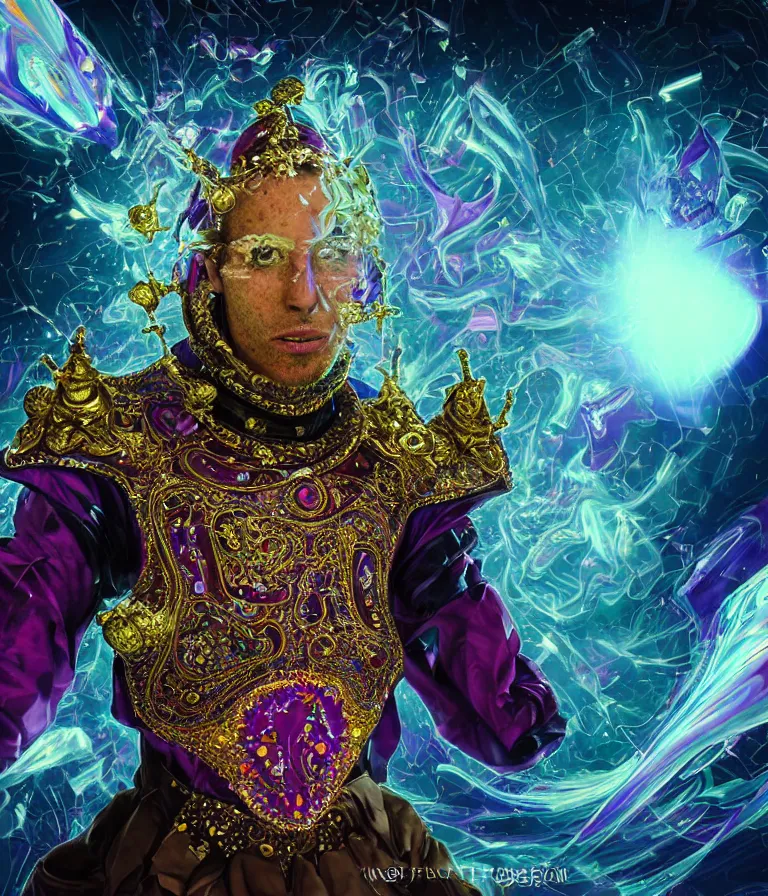 Prompt: impressive spectacular front!! shot photo of a court jester character fine portrait fine portrait mesmerizing fractal hyper cubes platinum cracked dark future hyper dimensional space galactic crystal nebula edges elegant detailed intricate concept artstation sharp focus ray tracing cinematic masterpiece temporal corruption beeple wlop germ 8 4 k scifi glossy hyper realistic illustration canon eos r 3 fujifilm x - t 3 0 sony alpha a 6 6 0 0