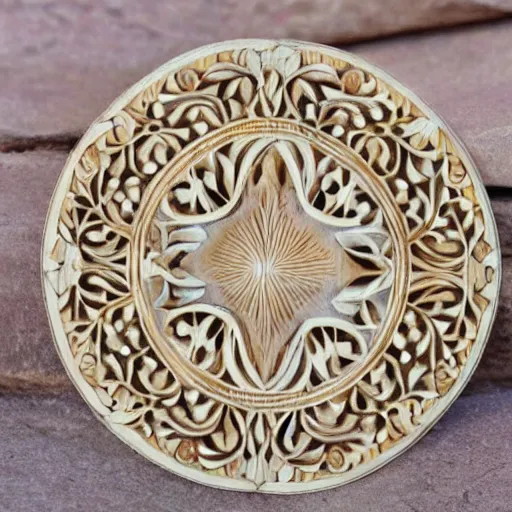 Prompt: wood carved mendala hyper realistic detailed luminous ivory and gold inlay