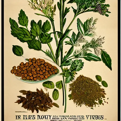 Image similar to a vintage botany poster with different herbs and spices