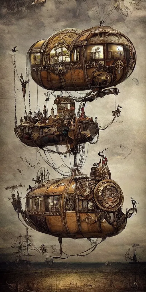 Prompt: a vintage steampunk living airship by alexander jansson and where's waldo and leonardo da vinci