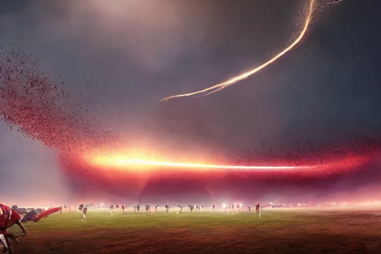 Image similar to meteorites fall from the red sky upon a football stadium, crowds panic, cinematic lighting by Jessica Rossier