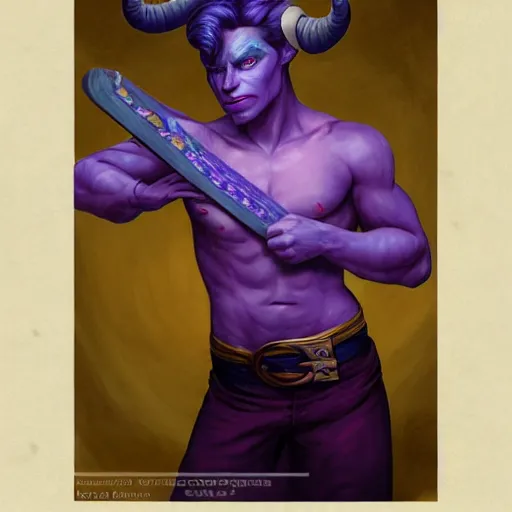 Image similar to portrait of a male tiefling with purple skin with curled horns, looking like James Dean, playing the lute in a crowded tavern, warm lighting, D&D, fantasy, intricate, elegant, highly detailed, digital painting, artstation, concept art, smooth, sharp focus, illustration, art by artgerm and greg rutkowski and alphonse mucha