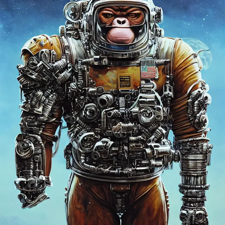 Image similar to a portrait of a muscular anthropomorphic cyberpunk orangutang in spacesuit armor with ensignia on chest plate by sandra chevrier, by jon foster, detailed render, pistol in holster, extremely hyperdetailed, tape deck, epic composition, cybernetics, 4 k realistic, cryengine, realistic shaded lighting, sharp focus, masterpiece, by enki bilal