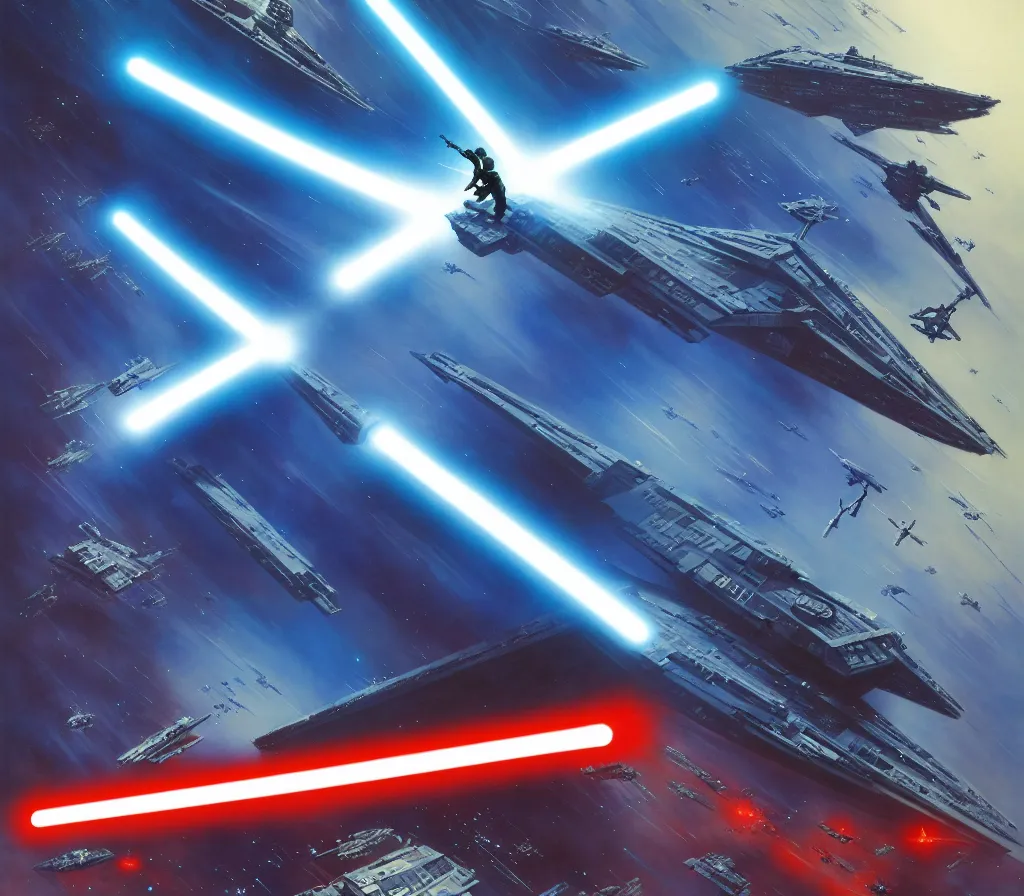 Image similar to ! dream a jedi with a bright blue lightsaber trying to bring down a star destroyer with the force, epic proportions, award winning collaborative painting by geg ruthowski, craig mullins, vincent di fate, john berkey, michael whelan, collaborative artwork, exquisitely high quality and detailed