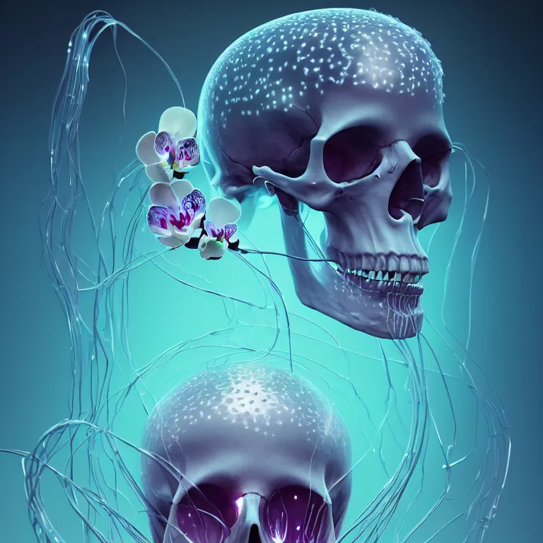 Image similar to portrait of skull and orchids, bio luminescent jellyfish, intricate artwork by Tooth Wu and wlop and beeple. octane render, trending on artstation, greg rutkowski very coherent symmetrical artwork. cinematic, hyper realism, high detail, octane render, 8k