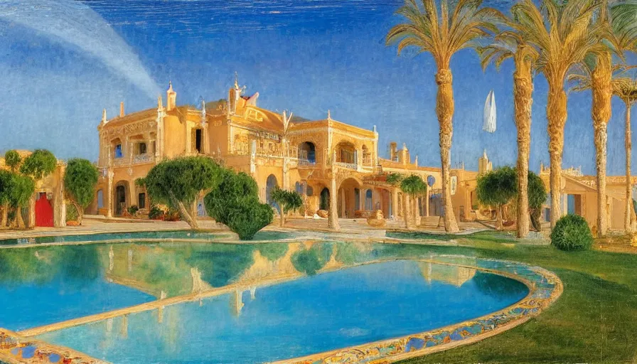 Image similar to a 1 9 9 8 southern spain palace!!! costa blanca, designed by jules bastien - lepage, bispo do rosario, arnold bocklin, tarsila do amaral and gustave baumann, cheval michael, warm, mediterranean, star, sharp focus, colorful refracted sparkles and lines, soft light, 8 k 4 k