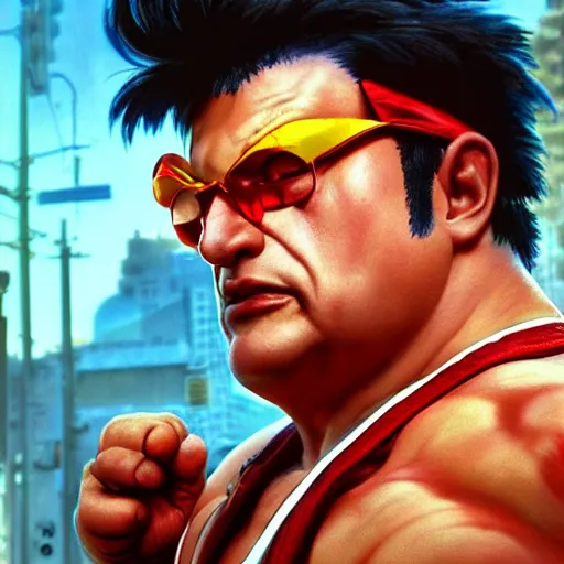 Image similar to wayne knight as e. honda street fighter, portrait, ultra realistic, concept art, intricate details, highly detailed, photorealistic, octane render, 8 k, unreal engine, art by frank frazetta, simon bisley, brom