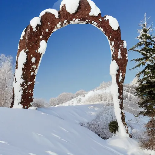 Image similar to snow landscape with gigantic dinosaur skeleton forming arches