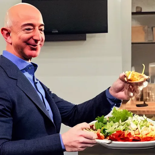 Prompt: Jeff Bezos eating tiny Elon Musk in a bowl for dinner, photograph