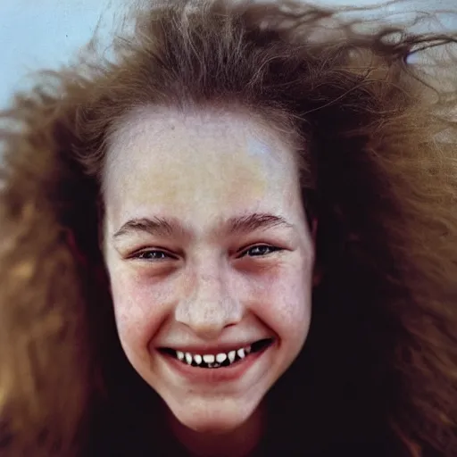 Image similar to a candid extreme closeup portrait of an expressive face of a delighted young woman by annie leibovitz