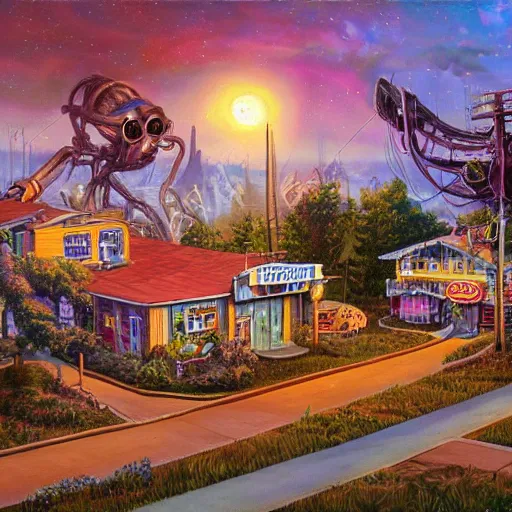 Image similar to 5 0 s tract home suburb on ancient post - apocalyptic planet, jim henson creature shop, vivid and colorful, thomas kincaid, cinematic, oil painting, highly detailed, illustration