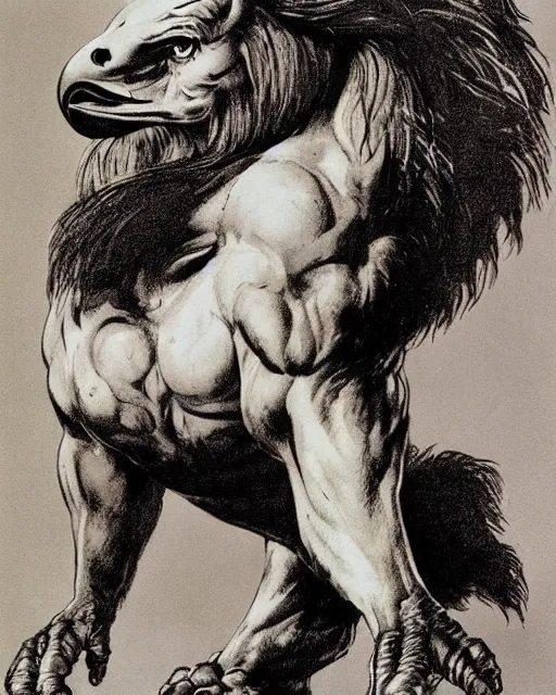 Image similar to a creature with the body and eyes of a man, with the beak of an eagle, the mane of a lion, and the horns of an ox. drawn by frank frazetta