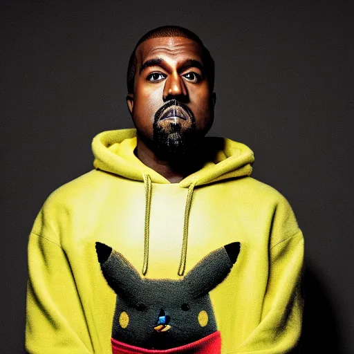 Image similar to Kanye West in a yellow pikachu! hoody, Studio Photograph, portrait C 12.0