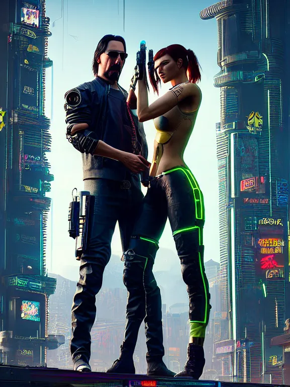 Prompt: a highly detailed photorealistic cyberpunk 2077 couple portrait of Keanu Reeves and female android,lots of electric cable behind,connected to giant computer,couple pose,love,fantasy, intricate, elegant,by Alex Horley and Greg Rutkowski,artstation,deviantart,FAN ART,Unreal Engine,Digital painting,face enhance,8K,golden ratio,cinematic lighting
