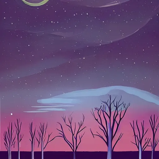 Prompt: a painting of a night sky with stars and trees, poster art by tim biskup, behance contest winner, space art, poster art, wallpaper, digital illustration