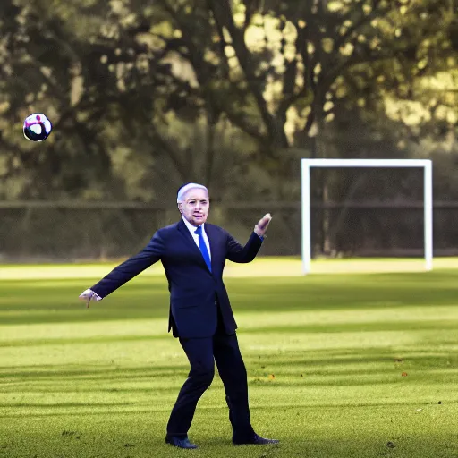 Prompt: Benjamin Netanyahu juggling a football in a public park, dynamic lighting, ambient lighting, morning time, HQ, official media