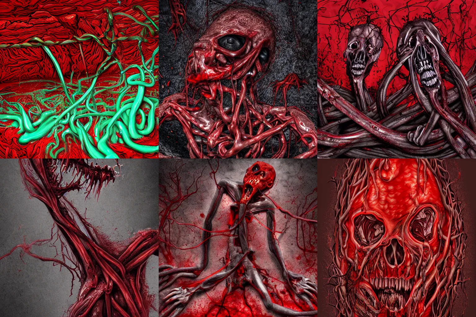 Prompt: a dark red gory structure of body horror composed of intertwined boiling and melting muscles, eyes, sharp teeth, and intestines lying in a pool of clotting blood and slime, slowly engulfing its surroundings with twitching veins and bloody intestines, dark hazy room, smoke, ultra-detailed, digital art, hyperrealistic, in color